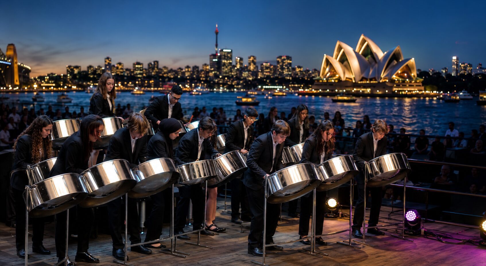 Toronto All Stars Steel Orchestra performing steel pan music during a concert in Sydney Australia.